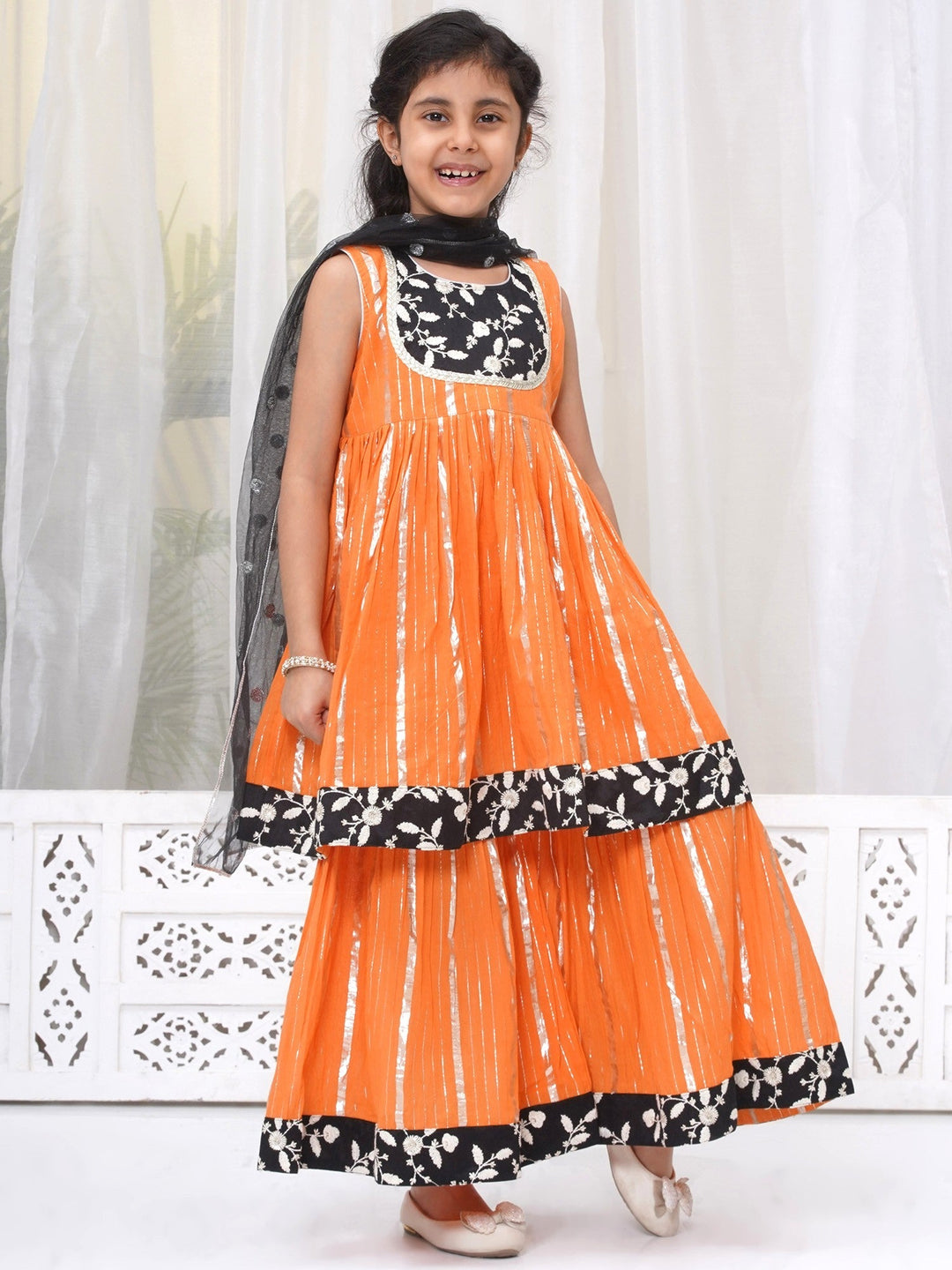 Girls Cotton Sleeveless White Thread Floral Embroidery Kurta Frock with Sharara and Dupatta - Orange | SHOBITAM