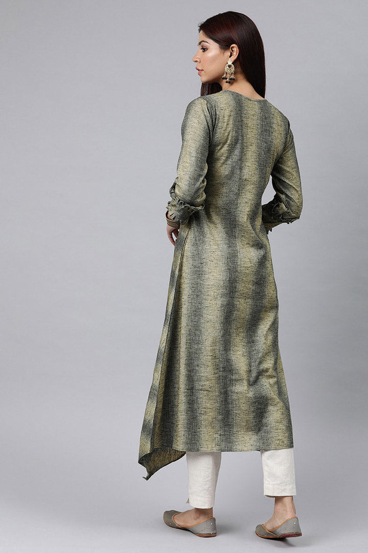 Grey And Beige Striped A Line Panelled Kurta with pockets  | SHOBITAM