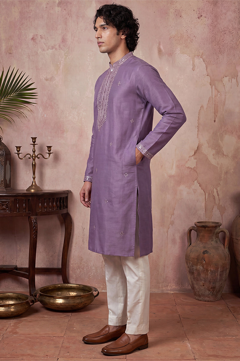 Mens Lavender Silk Blend Solid Emboidered Sequins Kurta With Trouser | SHOBITAM