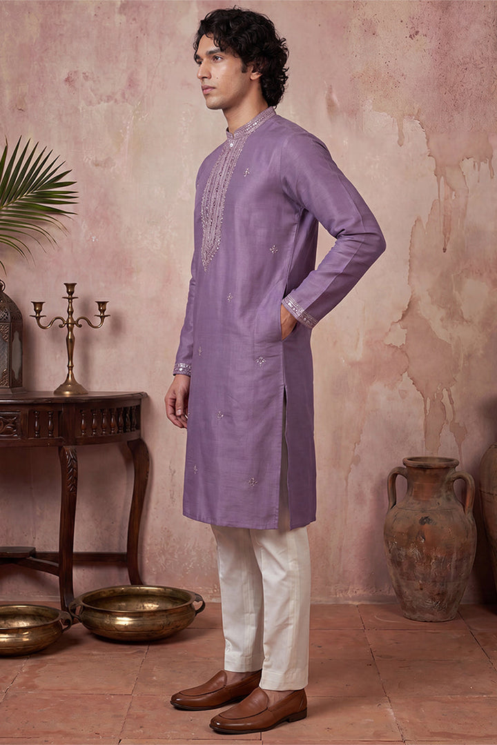 Mens Lavender Silk Blend Solid Emboidered Sequins Kurta With Trouser | SHOBITAM