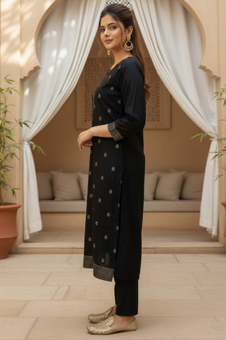 Black Silk Blend Ethnic Motifs Stoning Straight Kurta Trouser with Dupatta | SHOBITAM