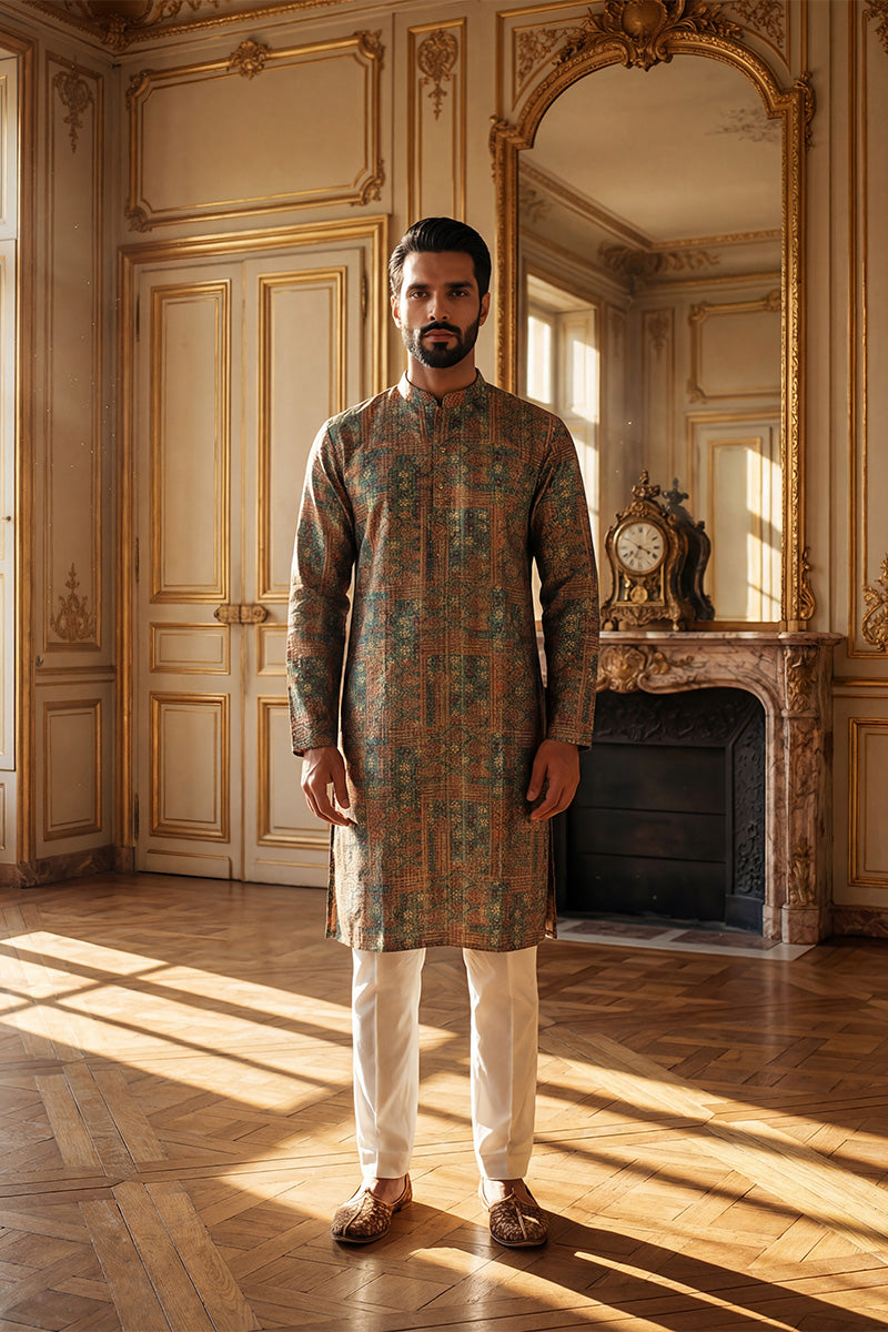 Blue Silk Blend Printed Straight Kurta | SHOBITAM