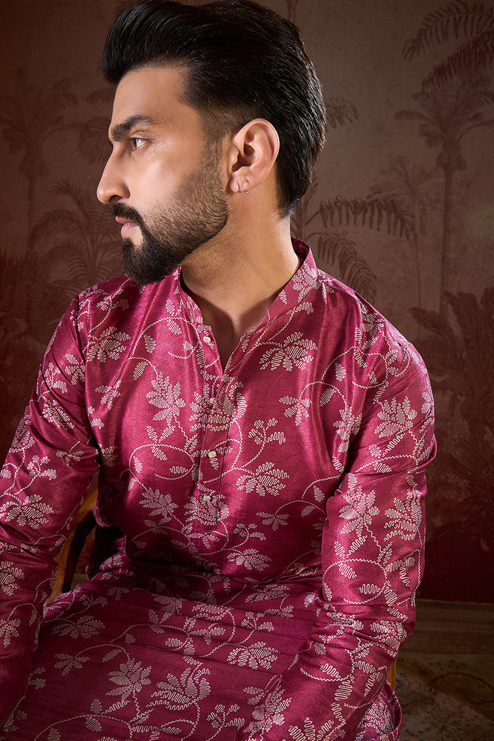 Red Silk Blend Floral Printed Straight Kurta For Men | SHOBITAM