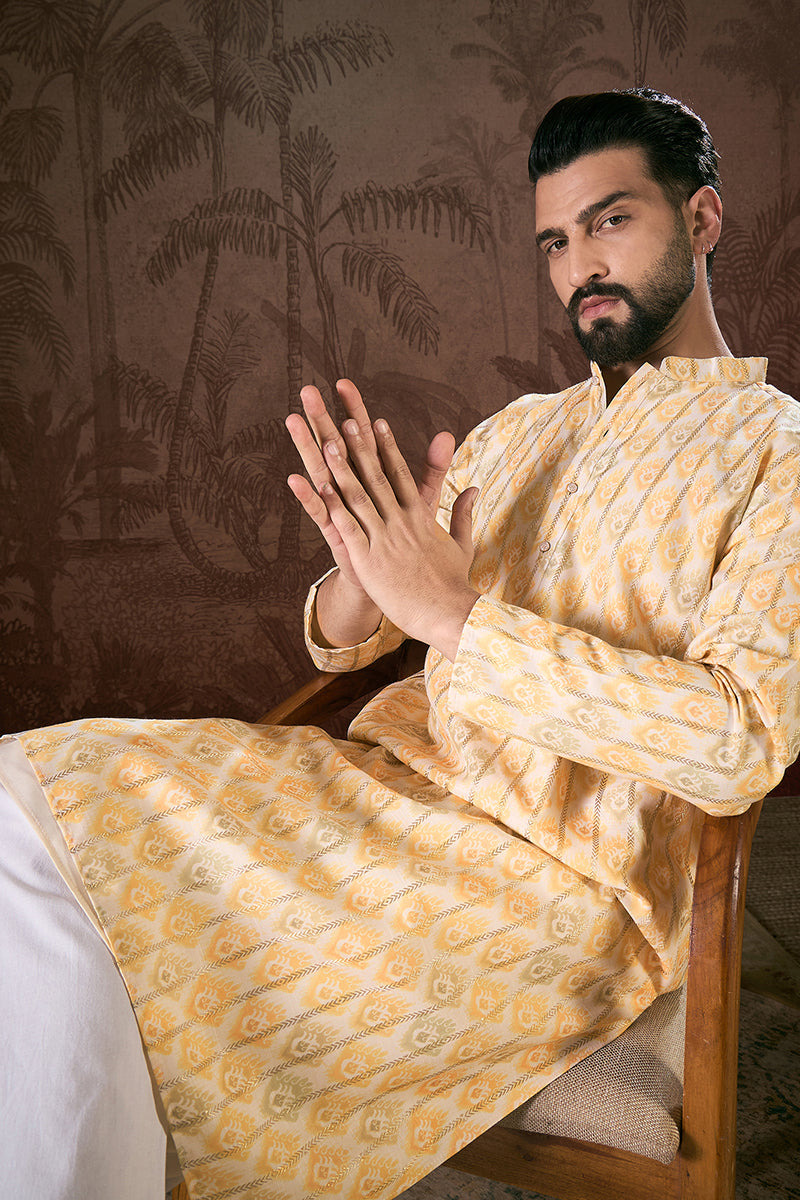 White Silk Blend Ethnic Motifs Printed Straight Kurta For Men | SHOBITAM