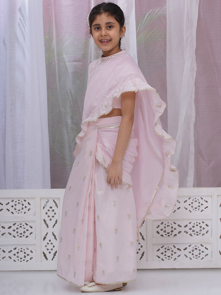 Girls Cotton Puff Sleeves Rose Embroidery Ready to wear Blouse with Ready to wear Chanderi Ruffle Saree - Pink | SHOBITAM