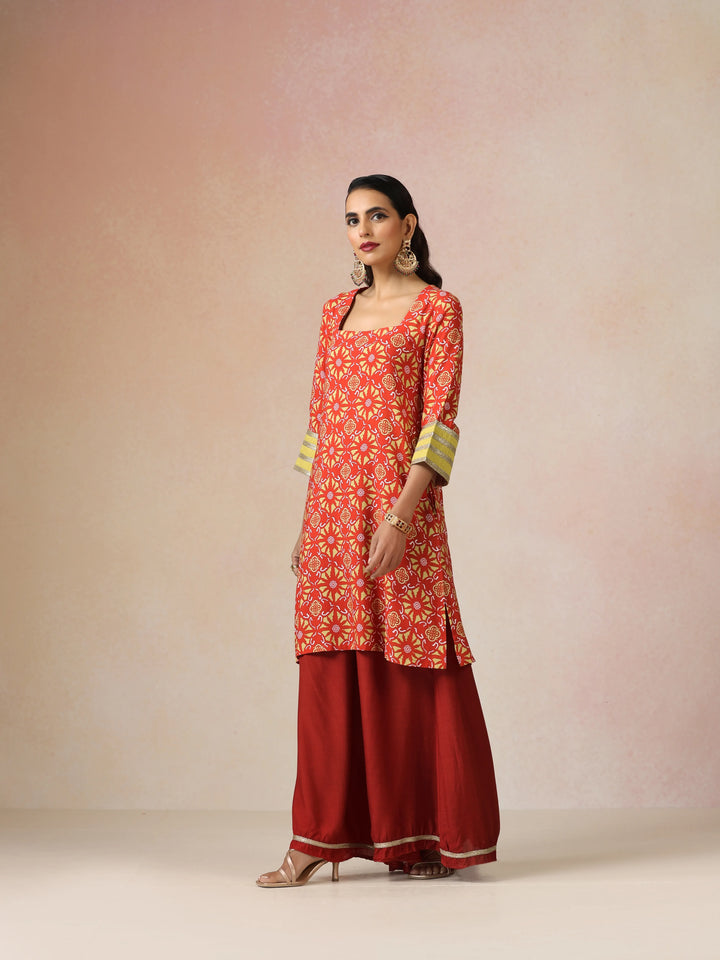 Red Light Green Print Viscose Kurta Sharara Set| SHOBITAM