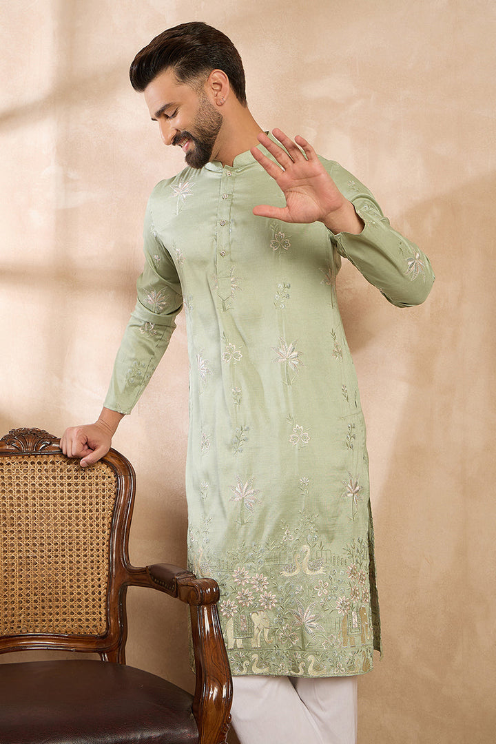 Olive Silk Blend Solid Embroidered Straight Kurta With Trouser | SHOBITAM