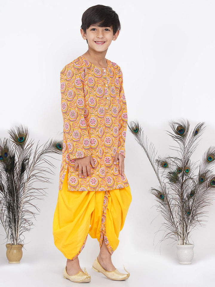 Boys Floral Kurta with Pearl Buttons and Dhoti in Yellow  | SHOBITAM