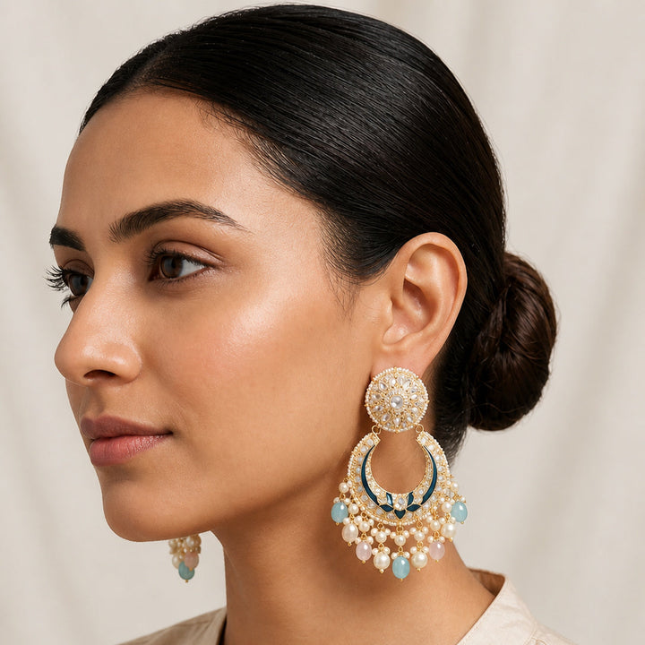 Kundan Chandbali Earrings with Navy Blue Meenakari & Turquoise Pearl Drops | SHOBITAM