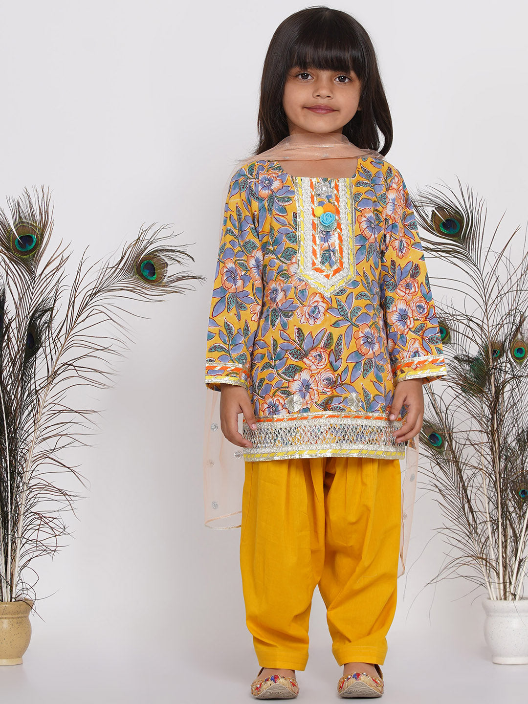Girls Punjabi Floral work Kurta with Salwar & Dupatta in yellow | SHOBITAM