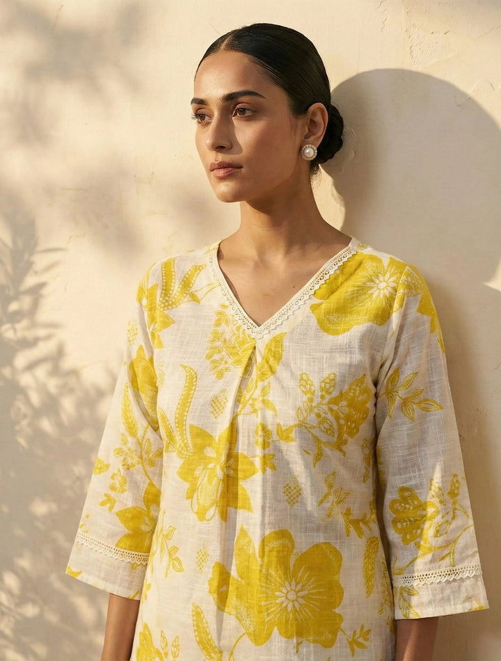 White Yellow Floral Print Kurta Pant Set | SHOBITAM