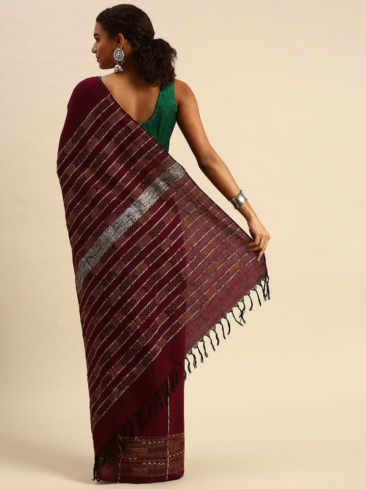 Maroon Yellow Khesh Kantha Stitch Cotton Saree | SHOBITAM