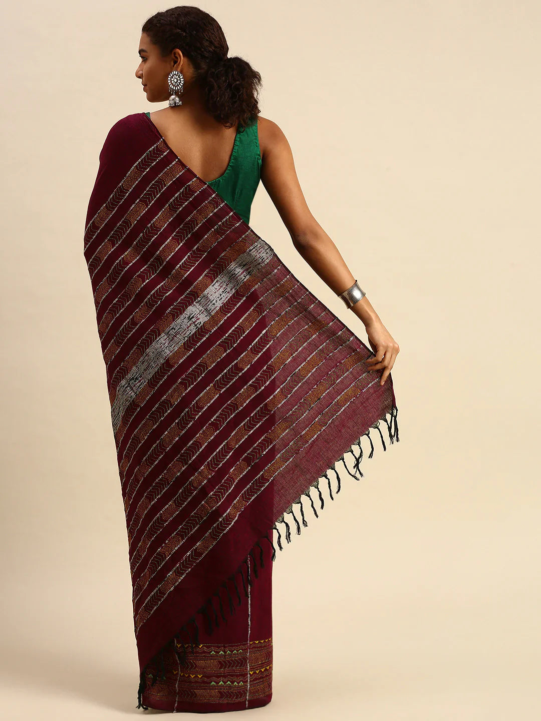 Maroon Yellow Khesh Kantha Stitch Cotton Saree