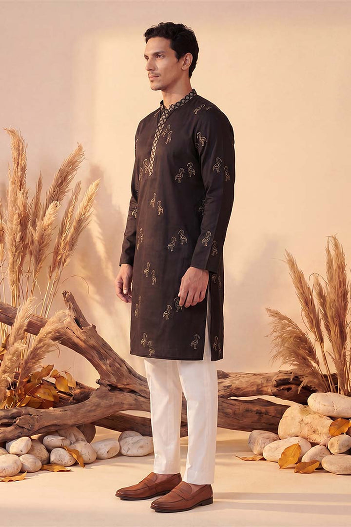 Mens Black Silk Blend Solid Embroidered Kurta With Trousers | SHOBITAM