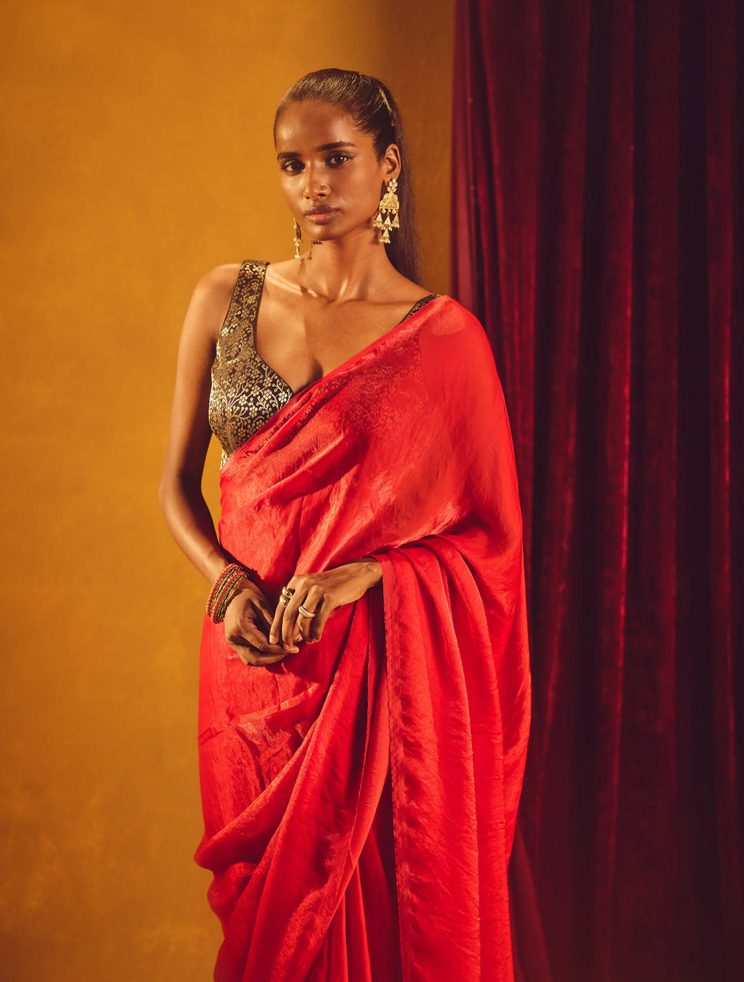 Red Tissue Saree With Unstitched Blouse | SHOBITAM