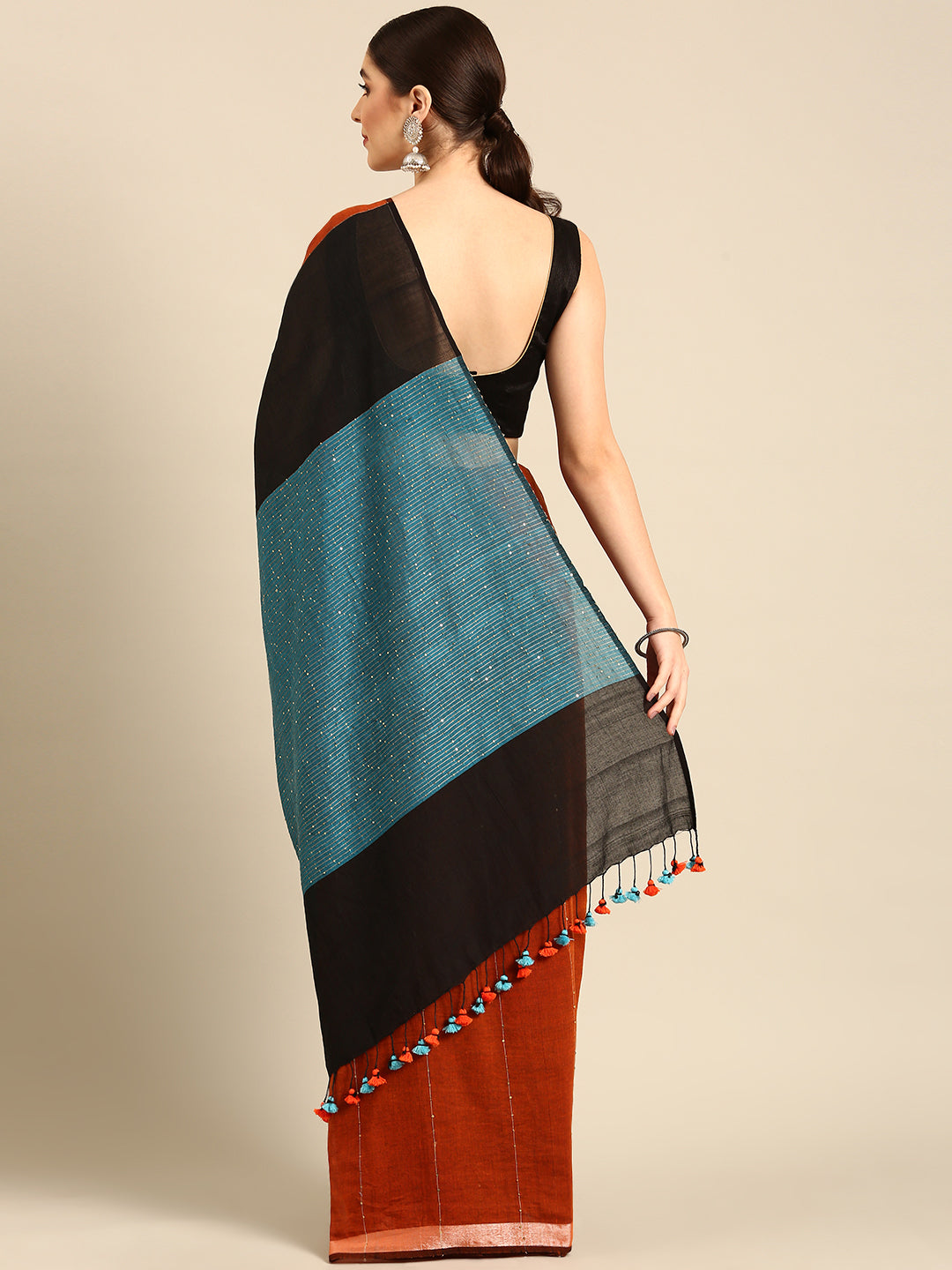 Burt Red Pure Cotton Handloom Sequins  Saree with Minimal Zari Border- No Blouse Piece