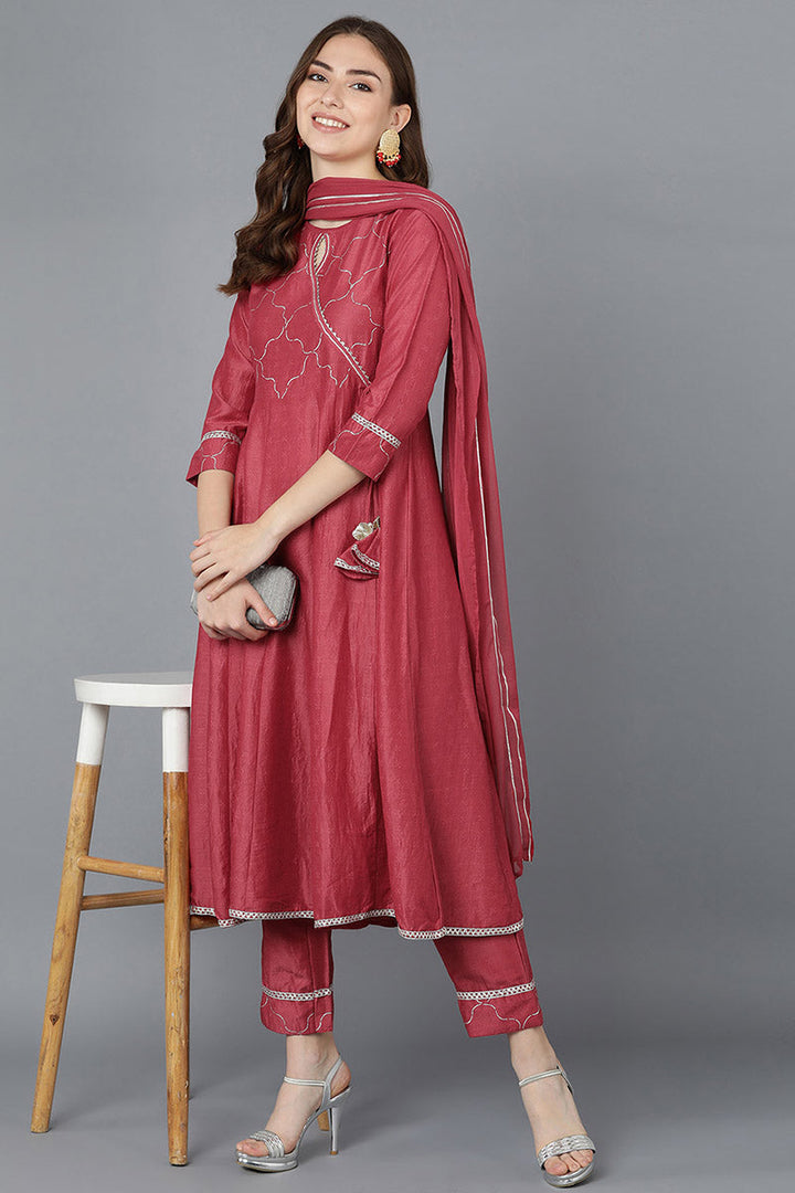 Women Red Poly Silk Embroidered Kurta Trousers With Dupatta  | SHOBITAM