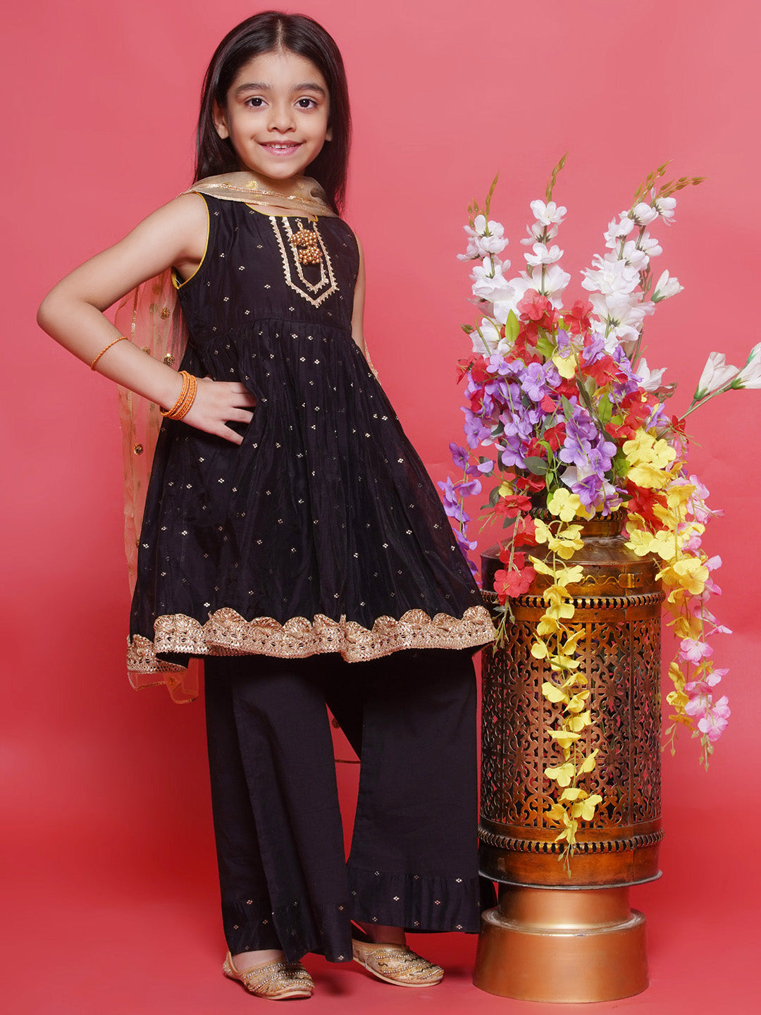 Chanderi Cotton Sleeveless Zari Boota & Lace Embellished Kurta Frock with Plazzo and Dupatta - Black | SHOBITAM