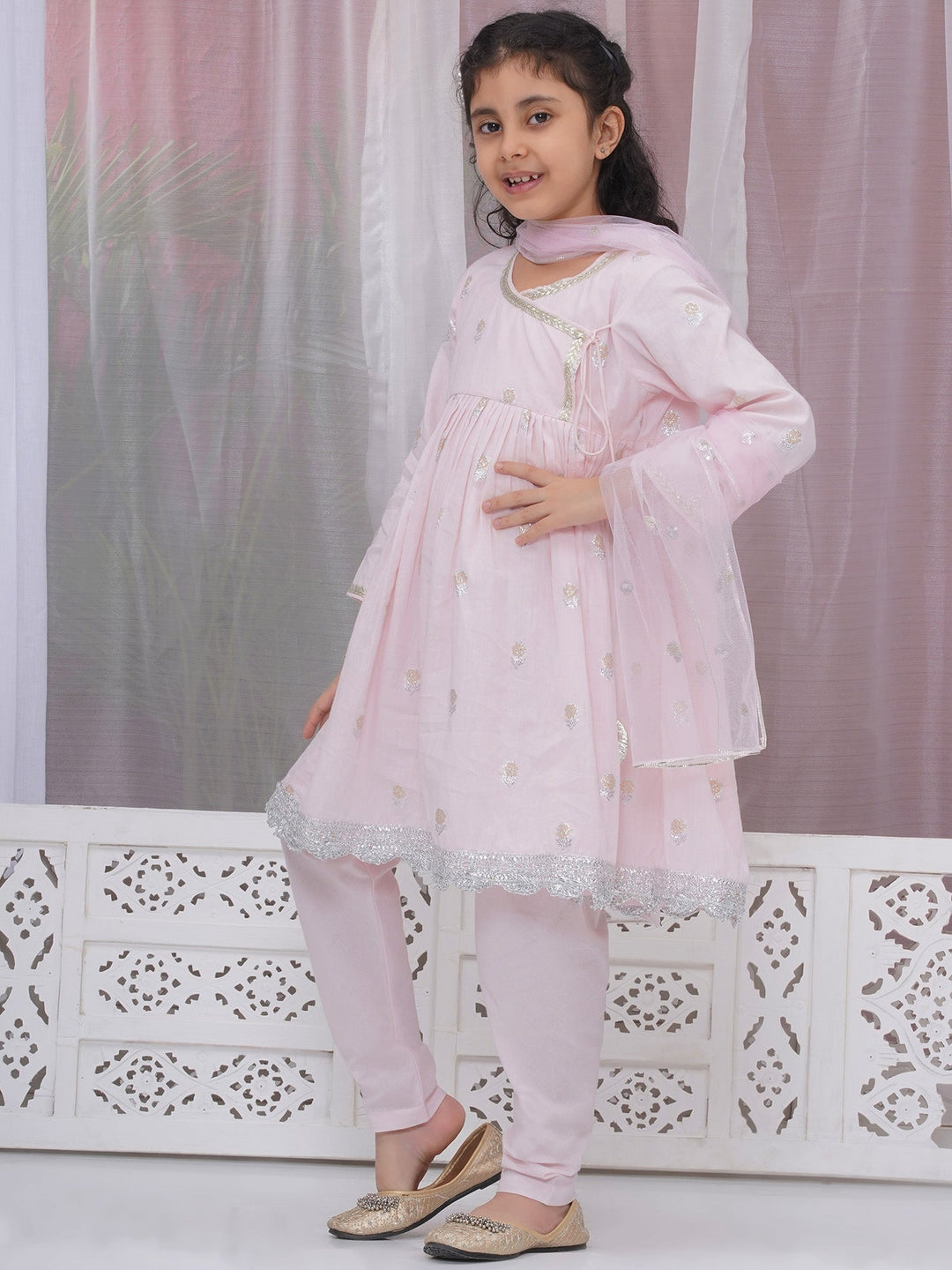 Girls Cotton Three Fourth Sleeves Angrakha Kurta with Pyjami and Net Dupatta with Floral Zari Work - Pink