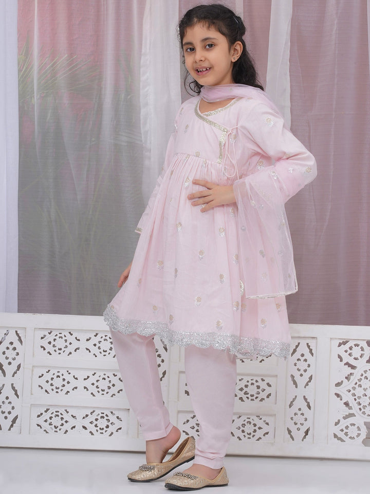 Girls Cotton Three Fourth Sleeves Angrakha Kurta with Pyjami and Net Dupatta with Floral Zari Work - Pink