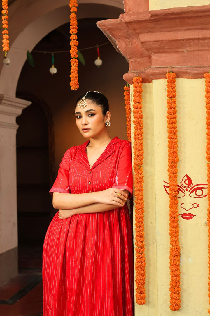 Red and White Temple Jamdani Pujo Kurta Set | SHOBITAM