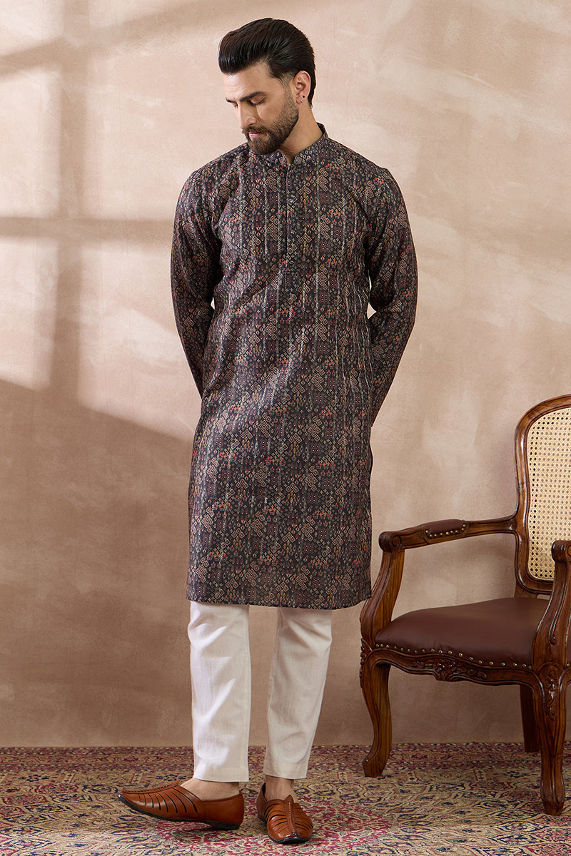 Black Silk Blend Printed Mandarin Collar Straight Kurta With Trouser | SHOBITAM