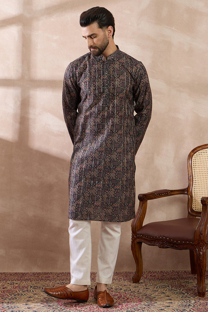 Black Silk Blend Printed Mandarin Collar Straight Kurta With Trouser | SHOBITAM