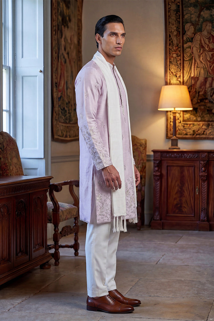 Men Lavender Silk Blend Floral Embroidered Straight Kurta Sets | SHOBITAM