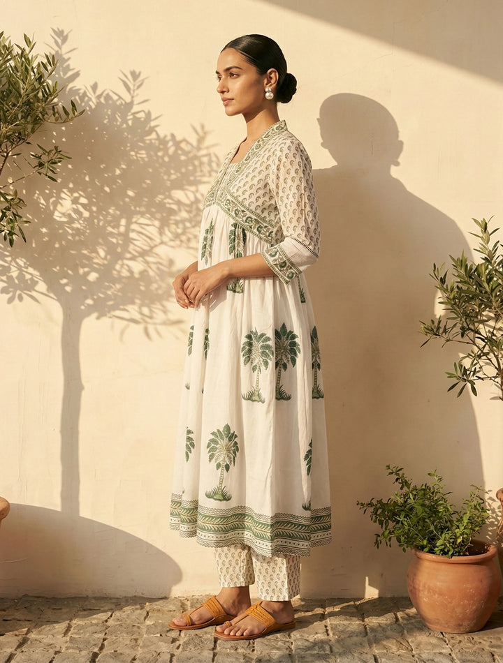 White Green Printed Anarkali Kurta Pant Dupatta Set | SHOBITAM
