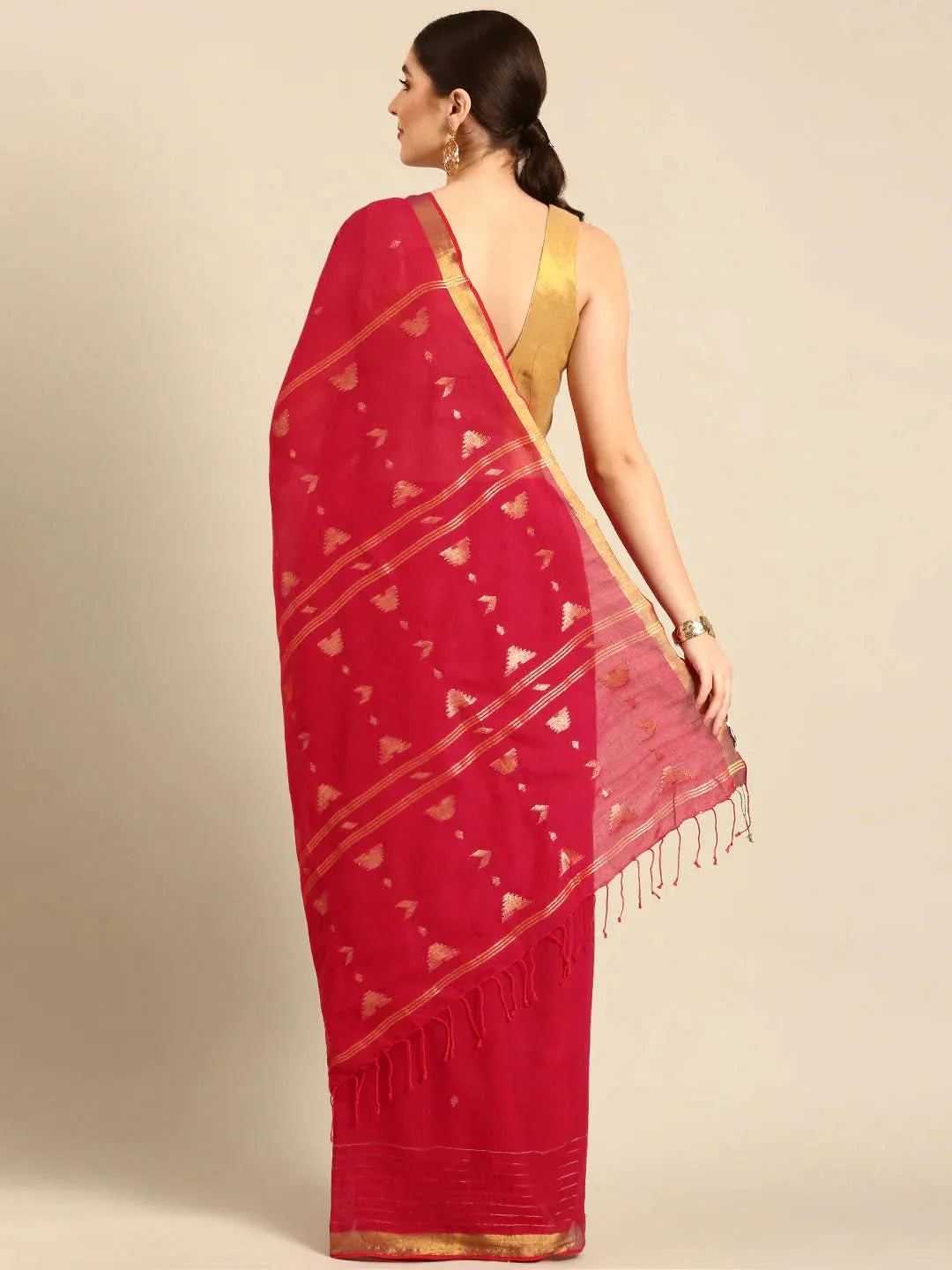 Pinkish Red Handloom Zari buti Jamdani Cotton Saree with blouse piece