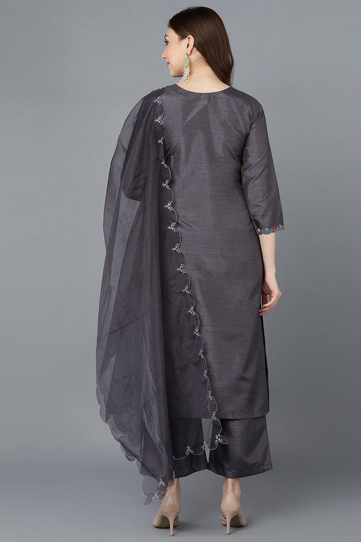 Women Charcoal Poly Silk Embroidered Kurta Trousers With Dupatta  | SHOBITAM