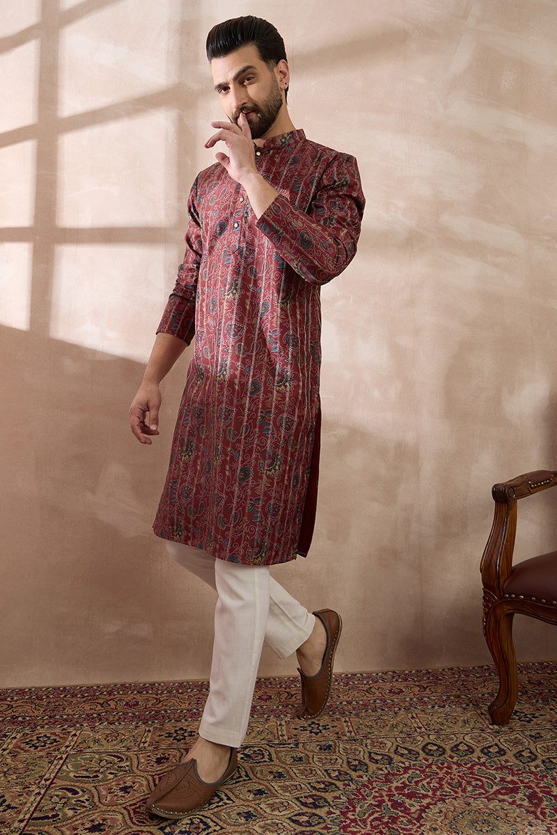 Maroon Silk Blend Printed Mandarin Collar Straight Kurta With Trouser | SHOBITAM