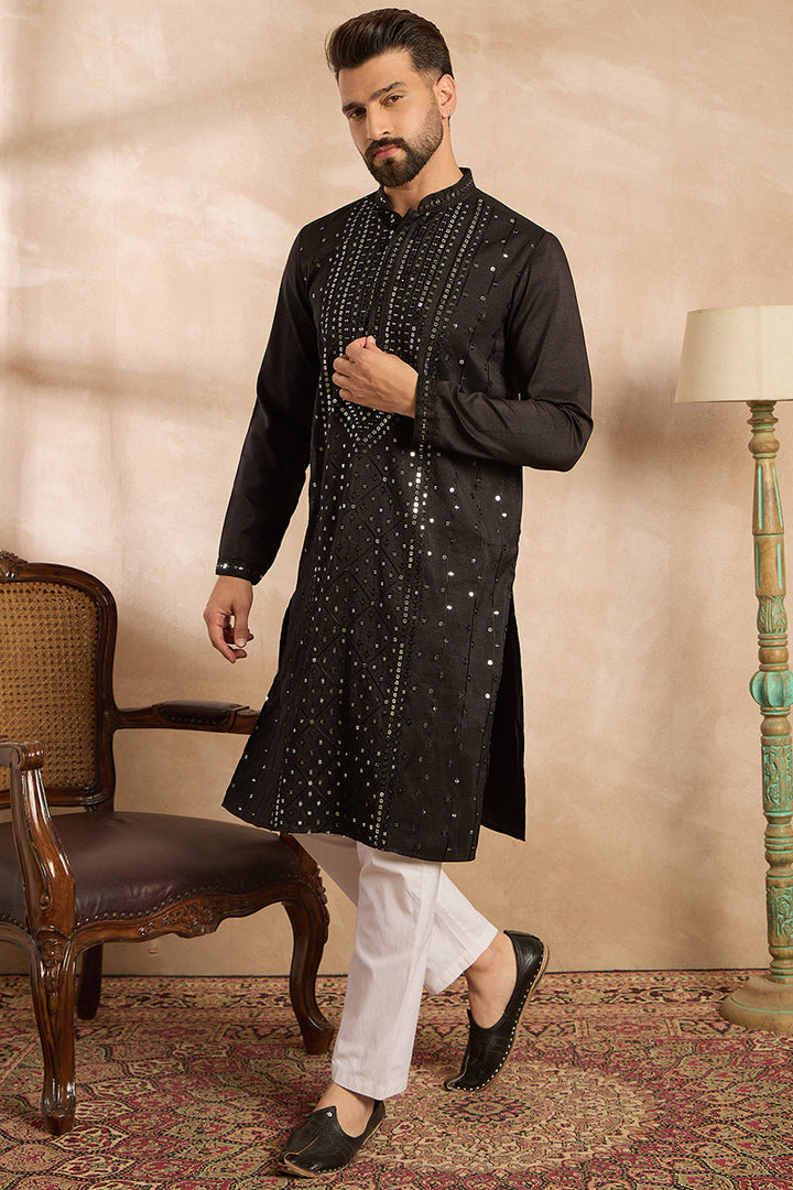 Black Silk Blend Geometric Embroidered Straight Kurta | SHOBITAM