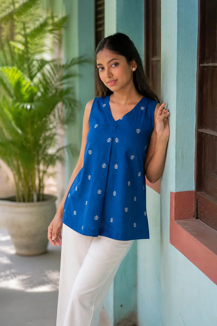 Royal Blue South Cotton Woven Top | SHOBITAM