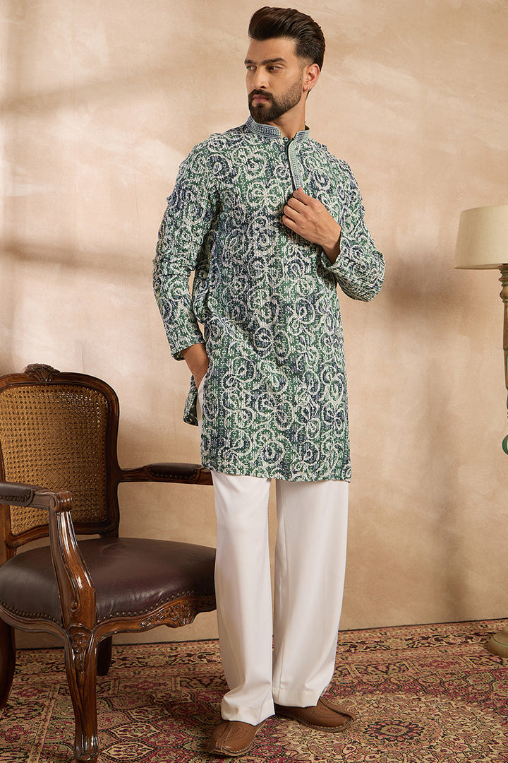 Green Viscose Rayon Batik Embroidered Straight Kurta With Trouser | SHOBITAM