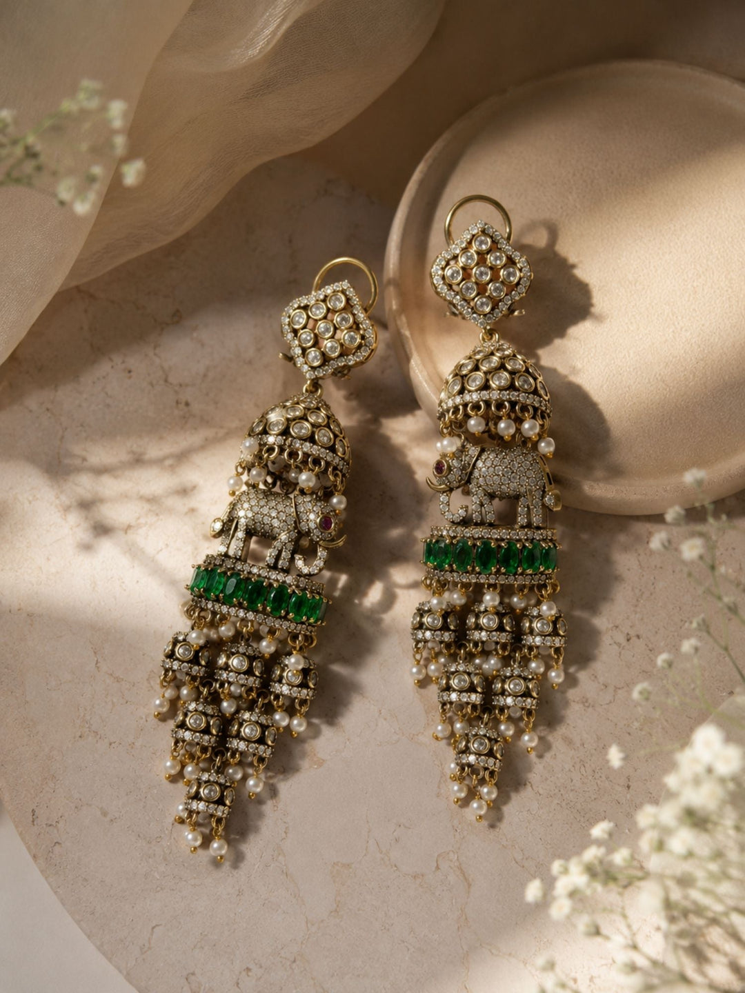 Elephant Pearl Green Jhumka Earrings | SHOBITAM