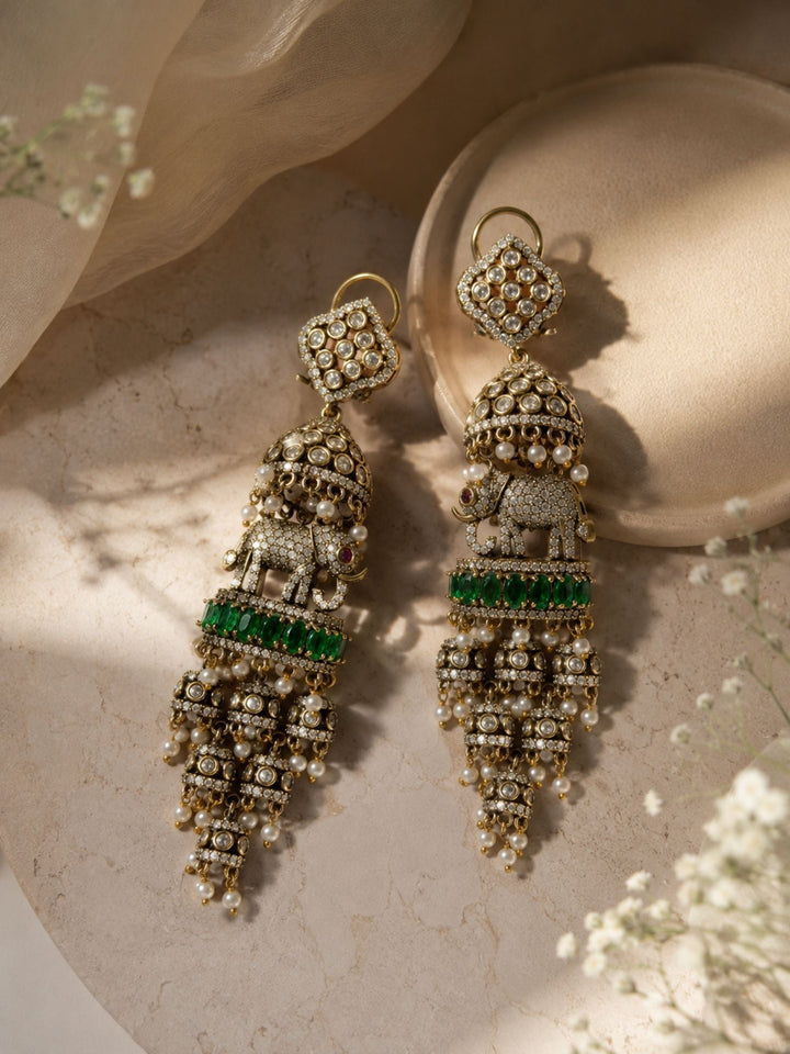 Elephant Pearl Green Jhumka Earrings | SHOBITAM