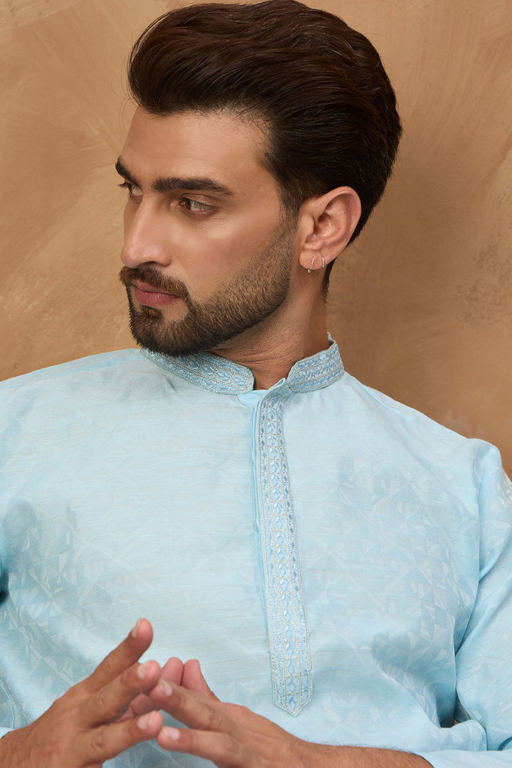 Blue Silk Blend Solid Embroidered Straight Kurta | SHOBITAM
