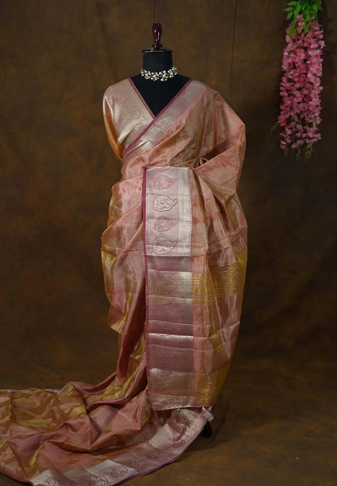 Onion Peach Semi Tussar Saree with Zari detailing | SHOBITAM