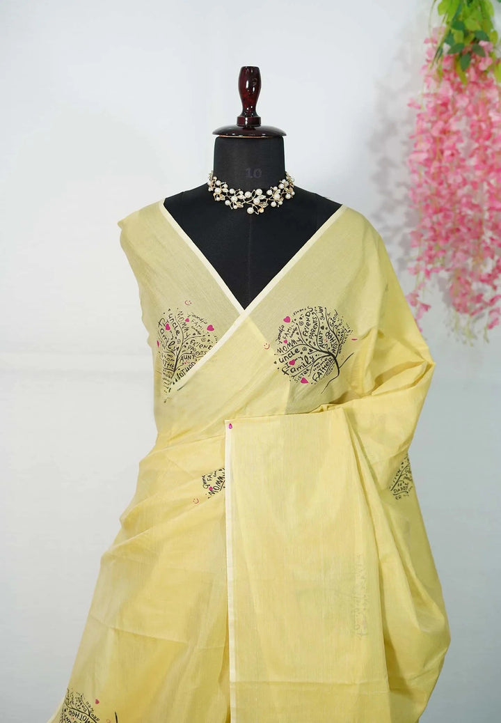 Butter Yellow Family Treehand block print Bamboo Cotton Saree | SHOBITAM