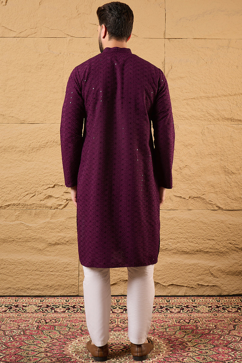 Purple Viscose Rayon Solid Embroidered Straight Kurta | SHOBITAM