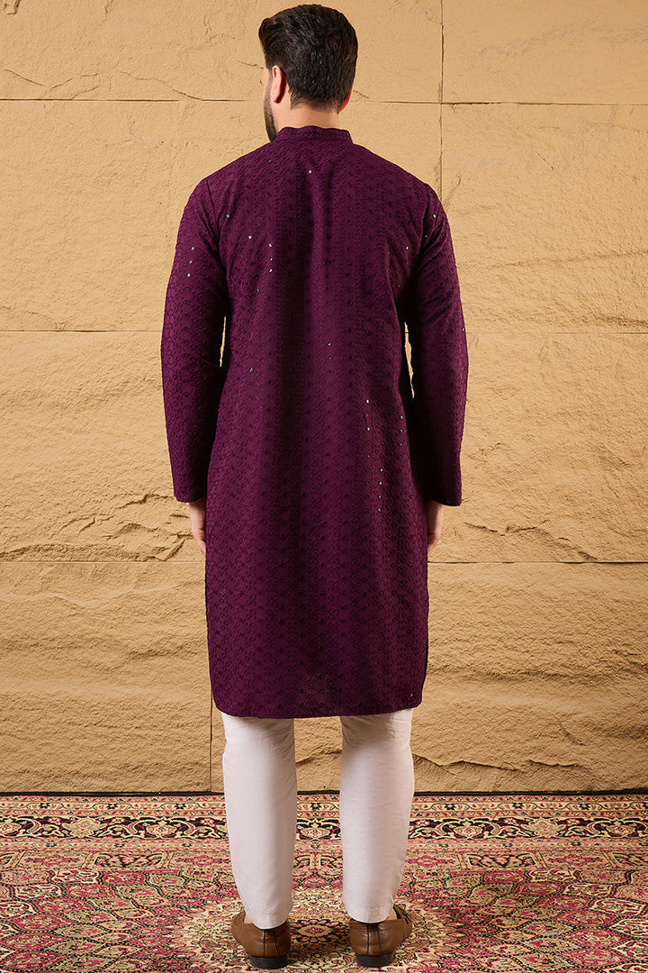 Purple Viscose Rayon Solid Embroidered Straight Kurta | SHOBITAM