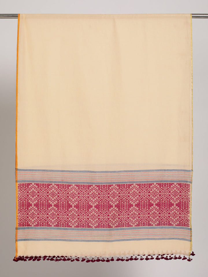 Beige and Violet Assamese Cotton Dupatta | SHOBITAM