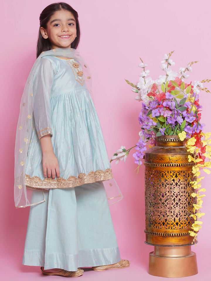 Girls Chanderi Cotton Three Fourth Sleeves Kurta Frock with Plazzo and Dupatta with Boota, Lace & Tussel work - Dolphin Green | SHOBITAM