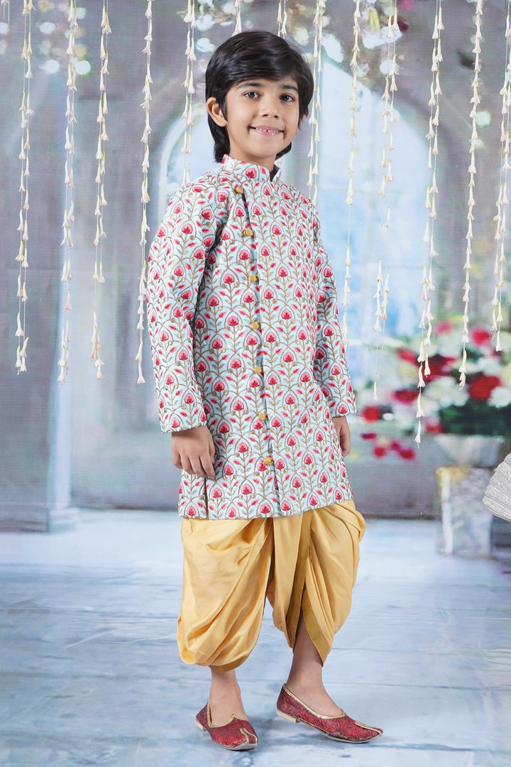 Boys Bageecha Floral Thread work Angrakha Sherwani with Beige Silk Dhoti | SHOBITAM