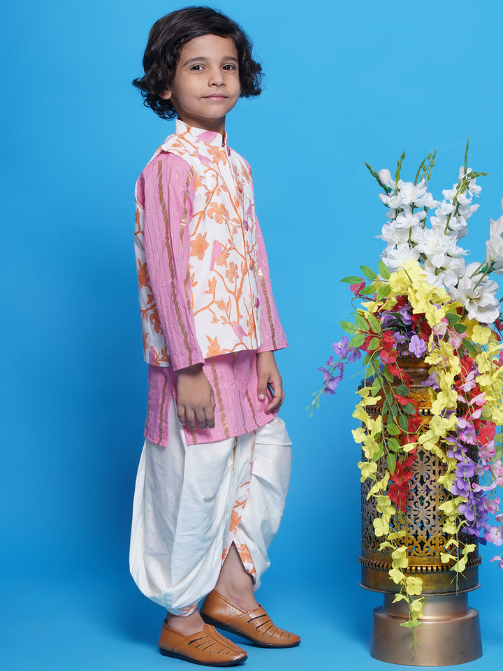 Cotton Sleevelees Floral Bird Thread Embrodiery Nehru Jacket with Striped Kurta and Dhoti - Pink and Cream | SHOBITAM