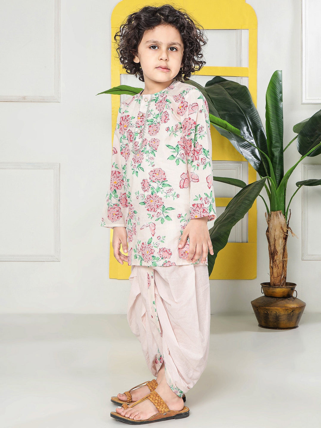 Petal Pink Floral Cotton Kurta with Dhoti | SHOBITAM