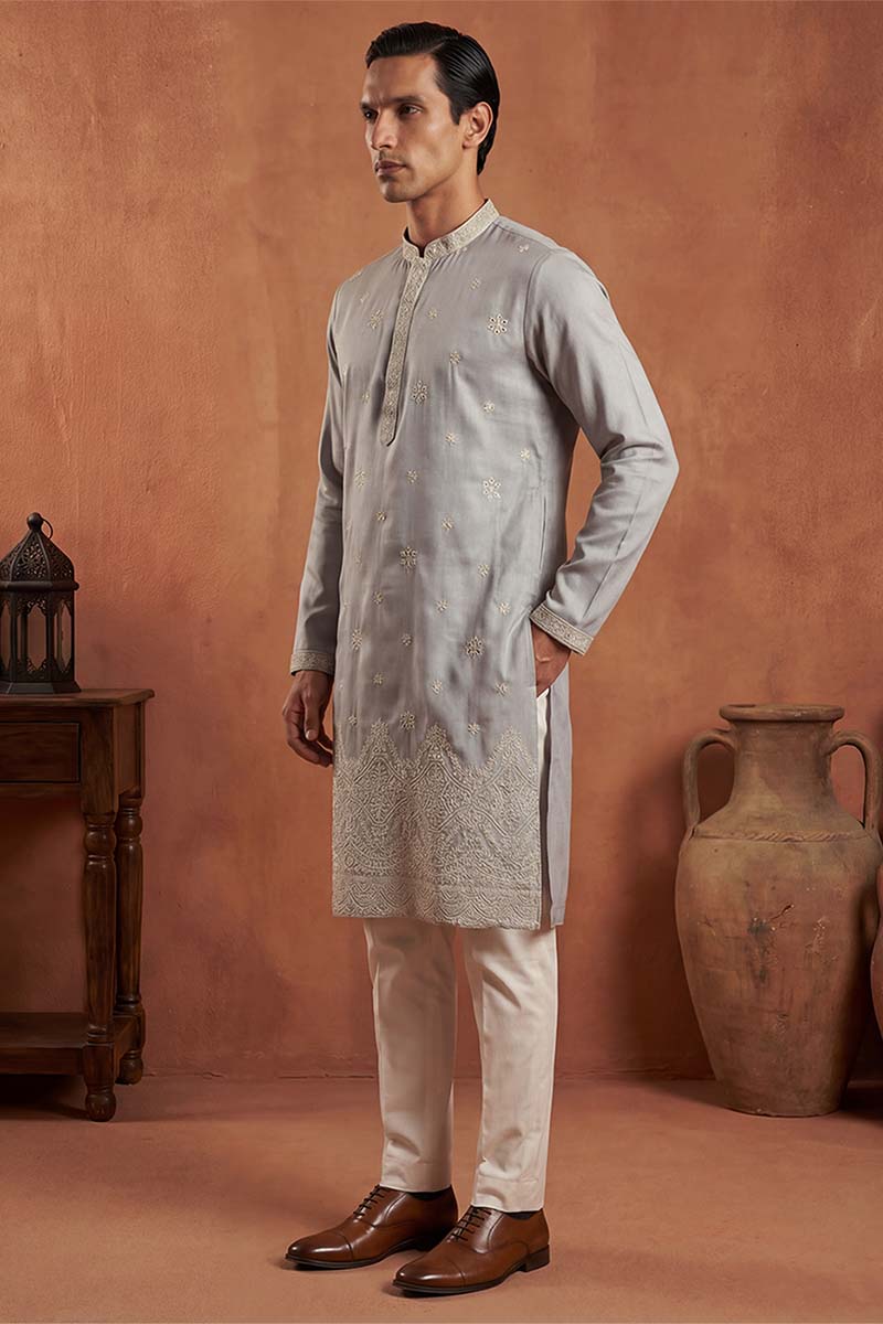 Mens Blue Silk Blend Solid Embroidered Kurta With Trousers | SHOBITAM