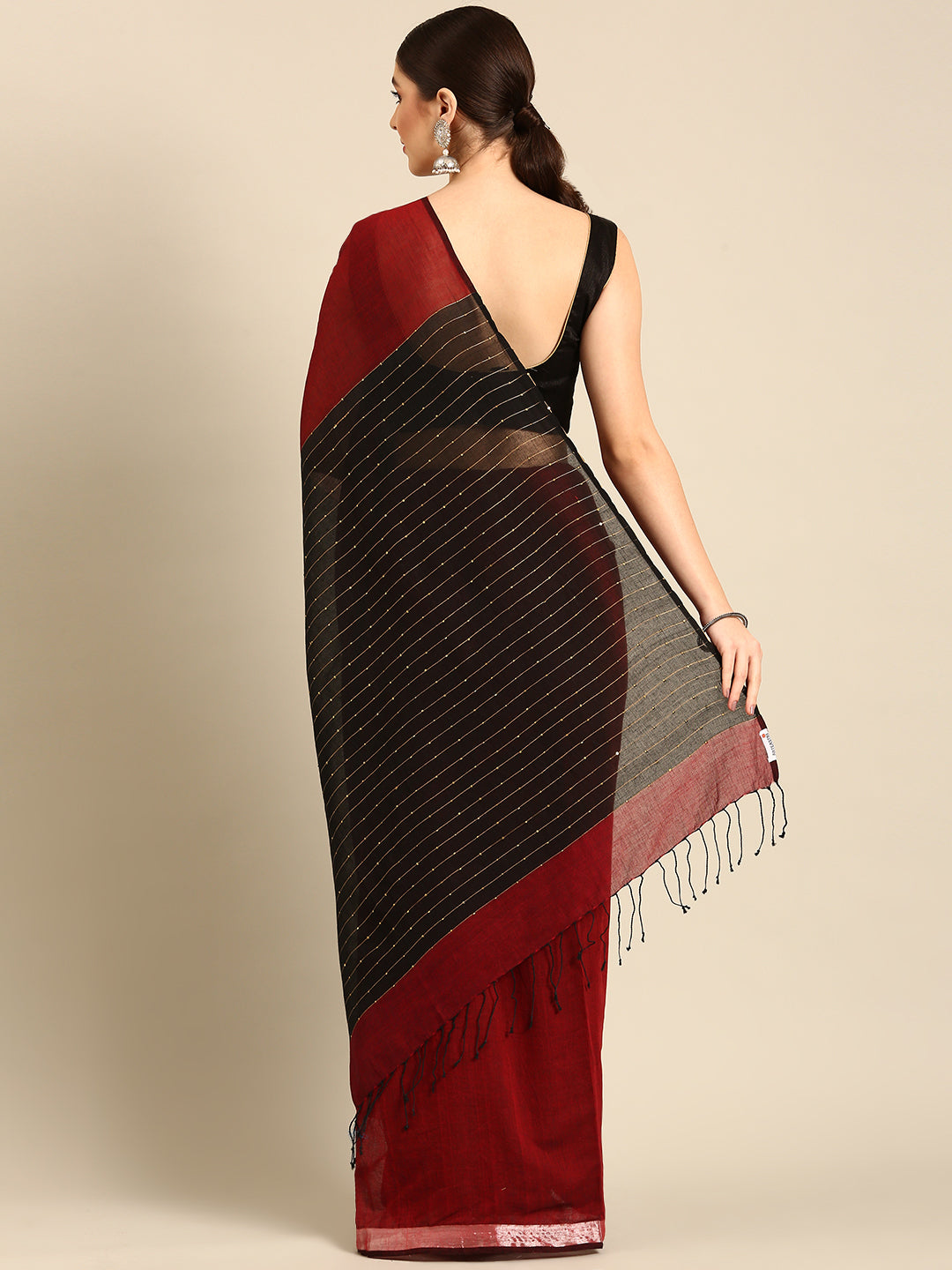 Red Black Sequins Cotton Handloom Saree | SHOBITAM