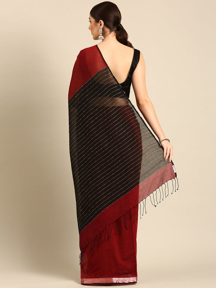 Red Black Sequins Cotton Handloom Saree | SHOBITAM